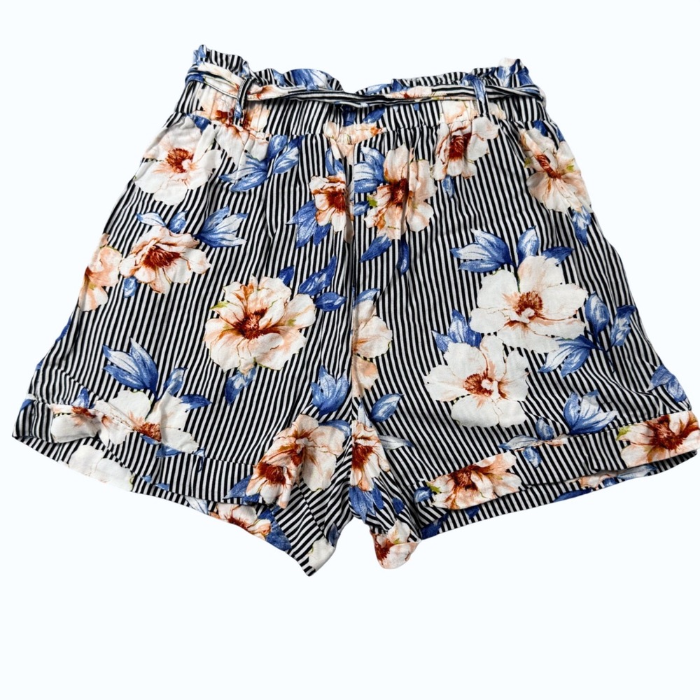 Joe B Floral Striped Paperbag Waist Shorts Black White Peach Blue Size 9 Rayon